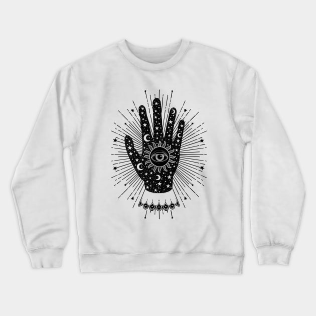 Palmistry Palm with All Seeing Eye, Sun, Moon and Stars Mask Crewneck Sweatshirt by The Lunar Resplendence